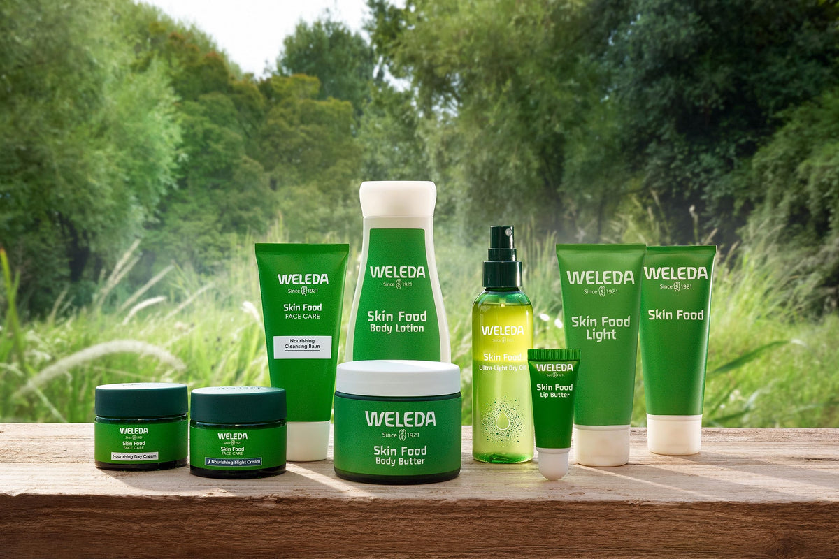 Weleda Skin Food Light on bathroom counter staged lifestyle shot showing daily routine benefit