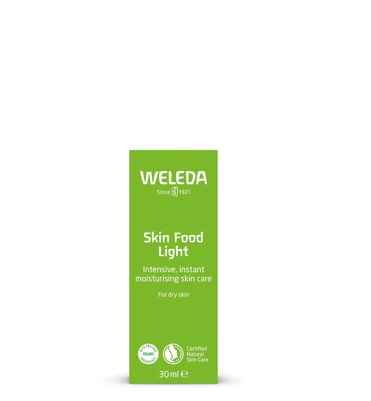 Weleda Skin Food Light open cap with cream texture highlighting quick absorption benefit