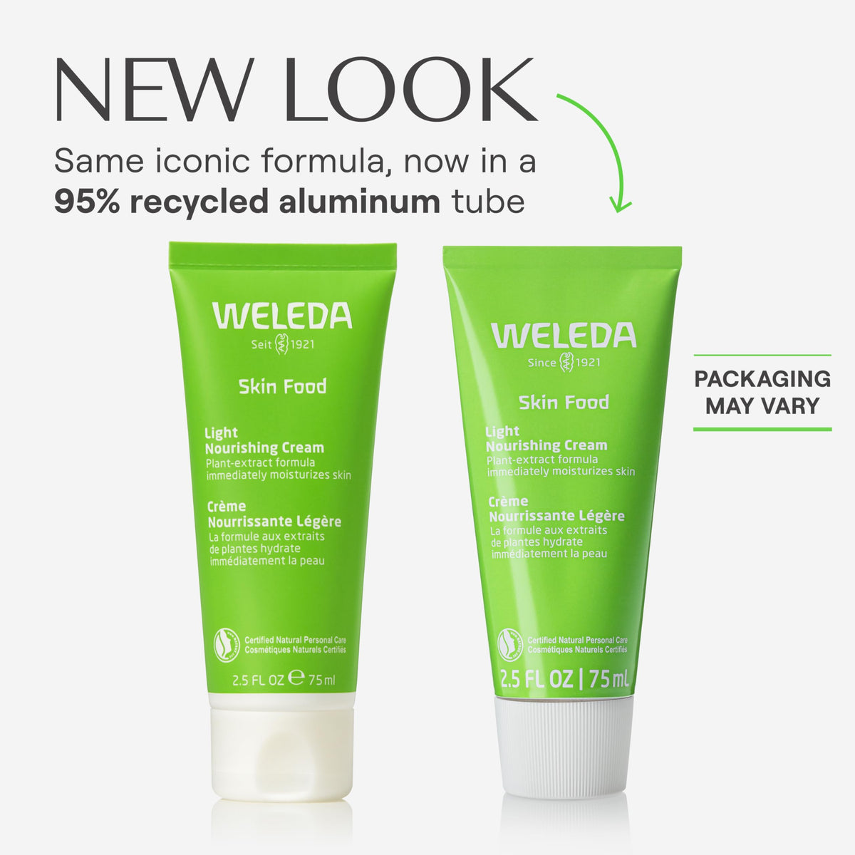 Weleda Skin Food Light open tube with cream texture demonstrating quick absorption benefit