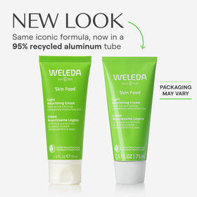 Weleda Skin Food Light open tube with cream texture demonstrating quick absorption benefit