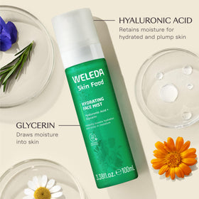 Weleda Skin Food milky mist texture close-up highlighting lightweight absorption benefit