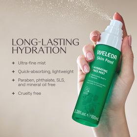 Weleda Skin Food mist applied over makeup to revive glow without smudging benefit