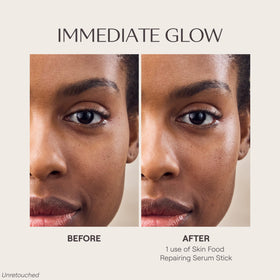 Weleda applying serum stick to cheek to soothe and hydrate skin
