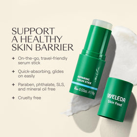 Weleda stick held in hand to show compact size and travel convenience