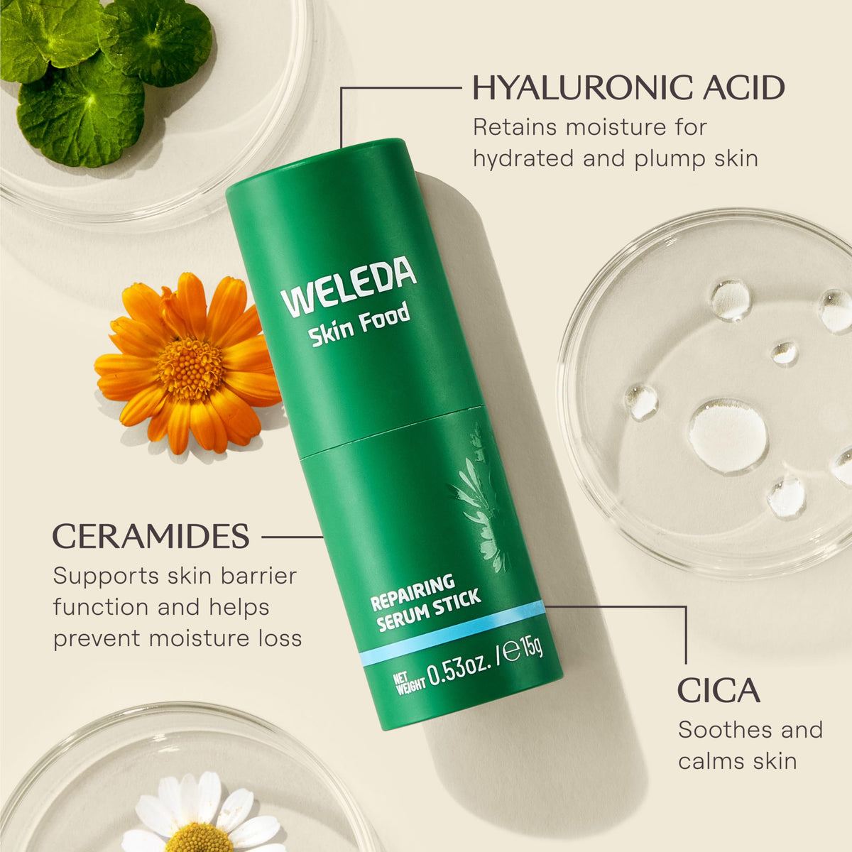 Weleda close-up of smooth serum stick texture for quick-absorbing hydration