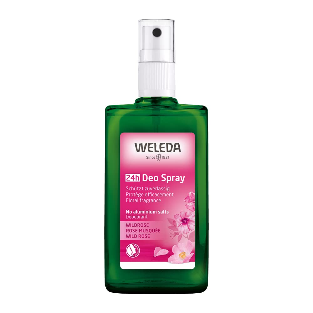 Weleda Wild Rose front packaging showing glass pump bottle and label, promotes natural freshness