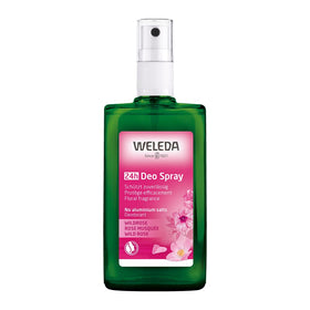 Weleda Wild Rose front packaging showing glass pump bottle and label, promotes natural freshness