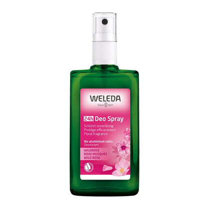 Weleda Wild Rose front packaging showing glass pump bottle and label, promotes natural freshness
