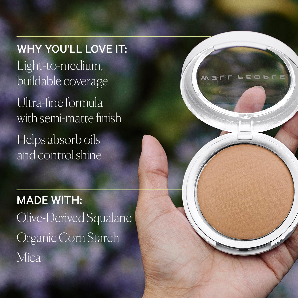 Well People applying powder with brush for even coverage and reduced shine