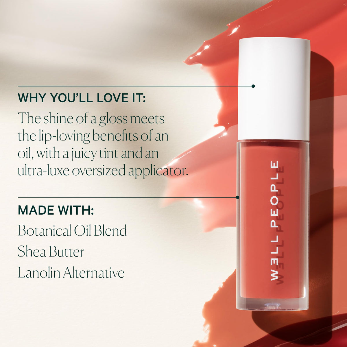 Well People applied on lips for natural tinted glossy finish
