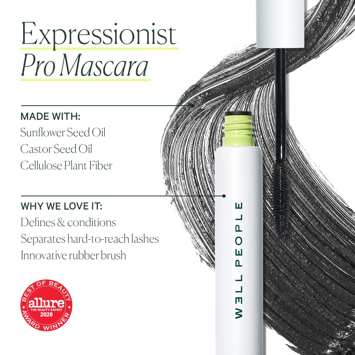 Well People mascara brush coated with rich black formula for clump-free lengthening