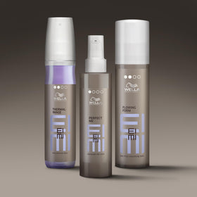 Wella Professionals EIMI Flowing Form in a styling scene with tools, illustrates heat-protection benefit
