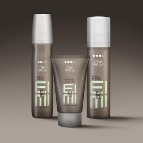 Wella Professionals EIMI Rugged Texture on bathroom vanity with styling tools showing everyday use benefit