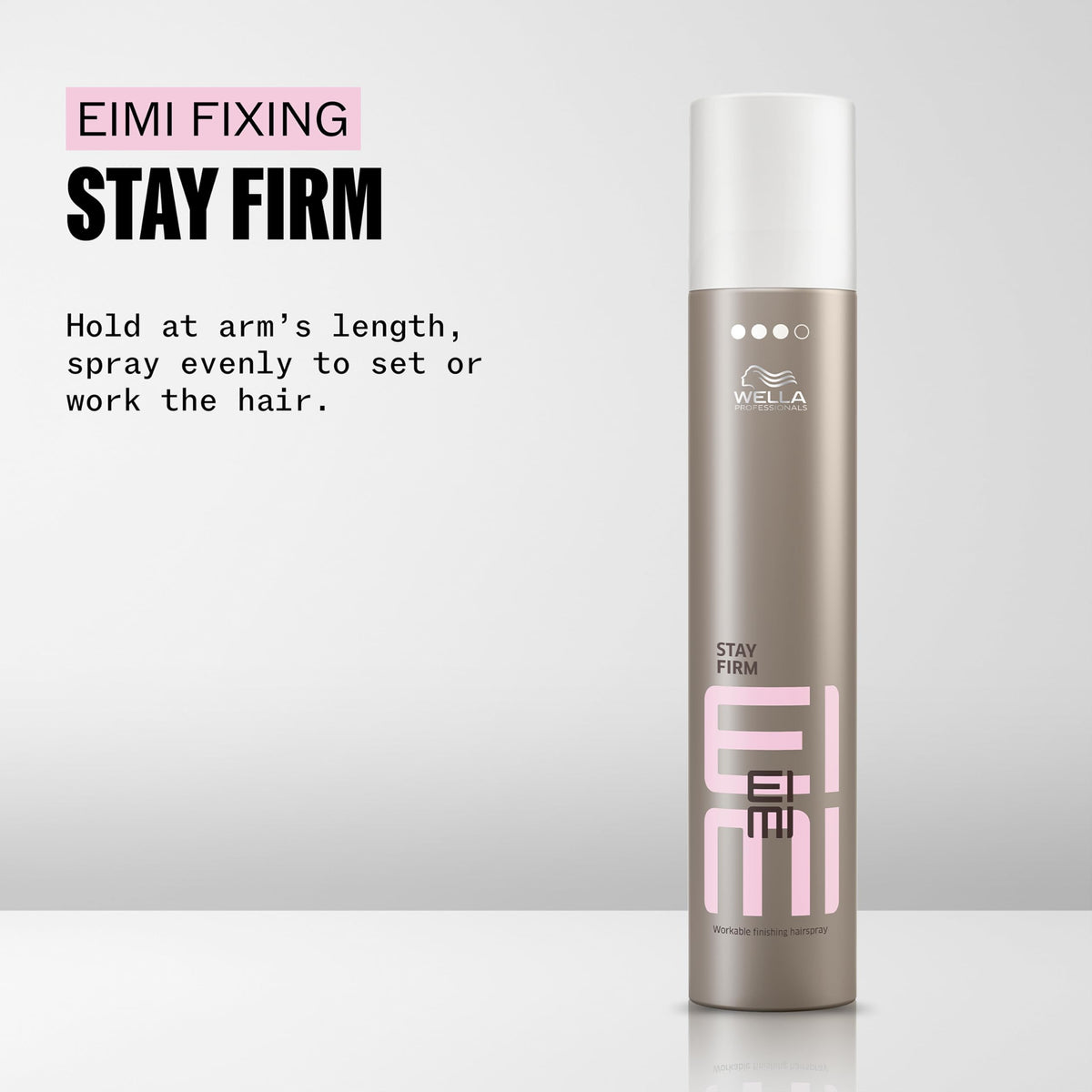 Wella Professionals EIMI Stay Firm spraying fine mist demonstrating fast dry benefit