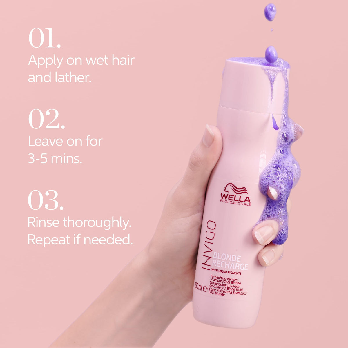 Wella Professionals pouring shampoo to show creamy flow and even color refresh
