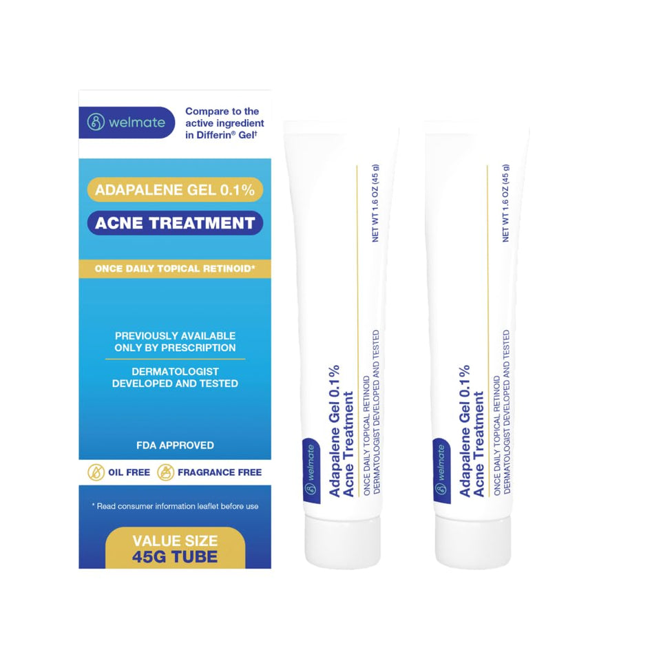 WELMATE front view of two adapalene gel tubes showing packaging and quantity benefit