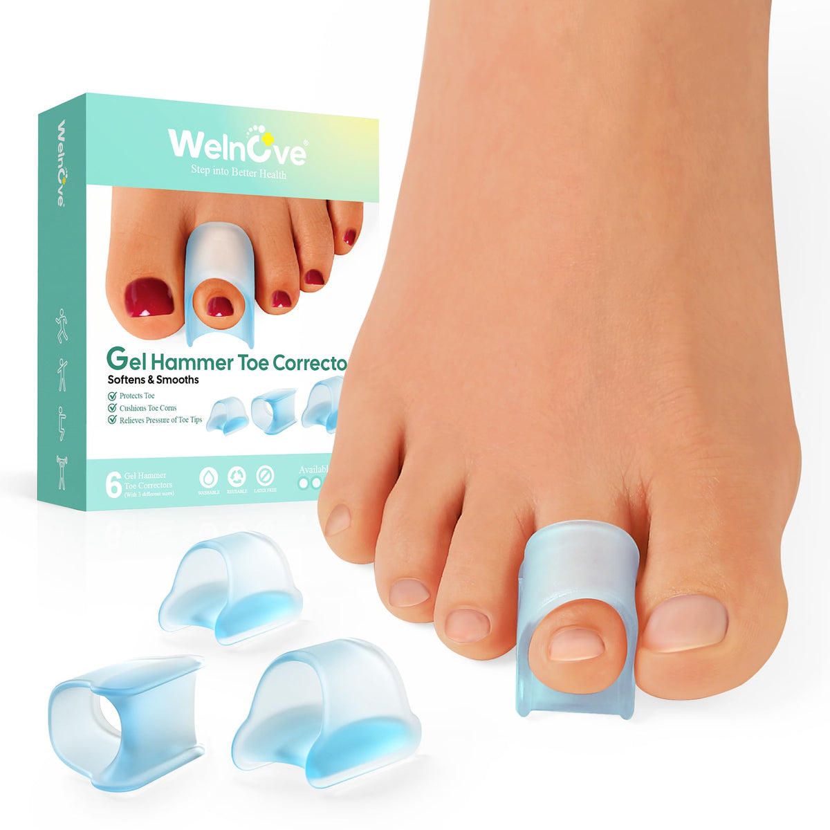 Welnove front packaging showing six blue toe splints and included count, clear benefit protection
