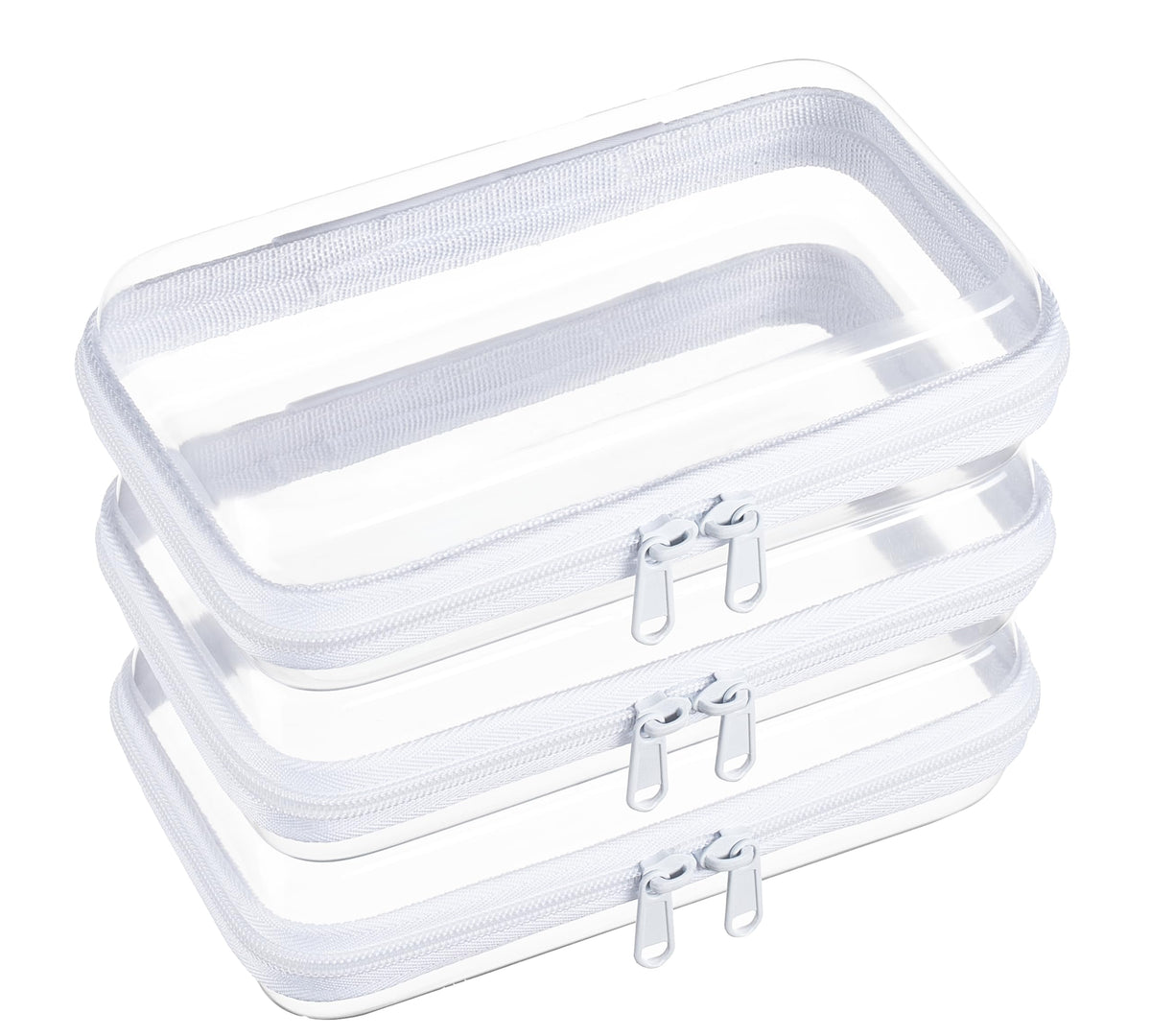 WELPIRT front view of three clear hard shell pouches showing compact organization