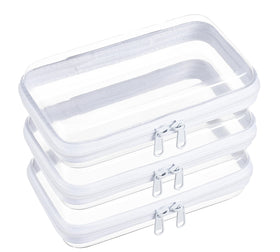 WELPIRT front view of three clear hard shell pouches showing compact organization