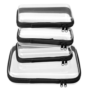 WELPIRT front view of four clear zipper pouches showing organized storage benefit
