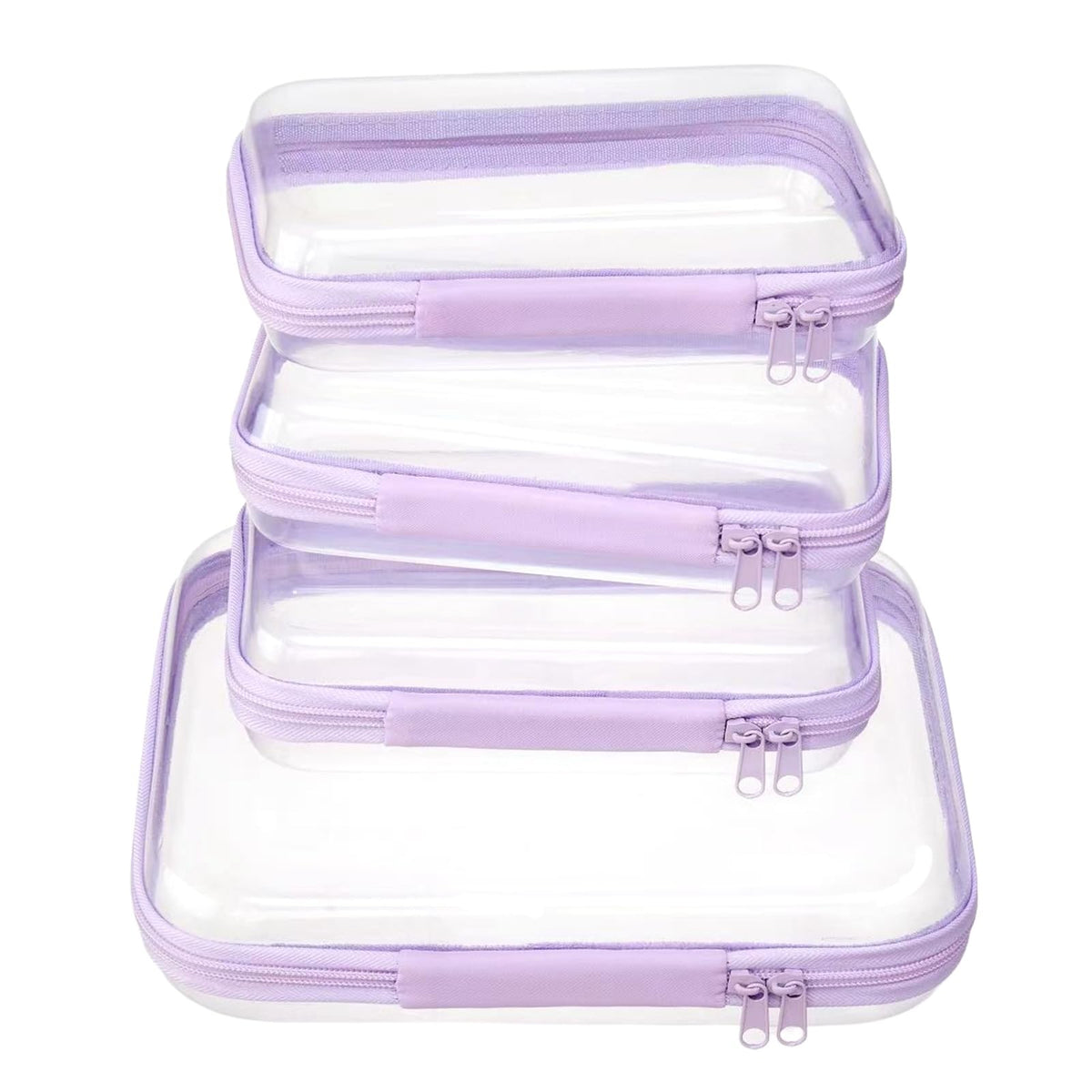 WELPIRT front view of lavender 4-piece clear pouch set, easy packing visibility