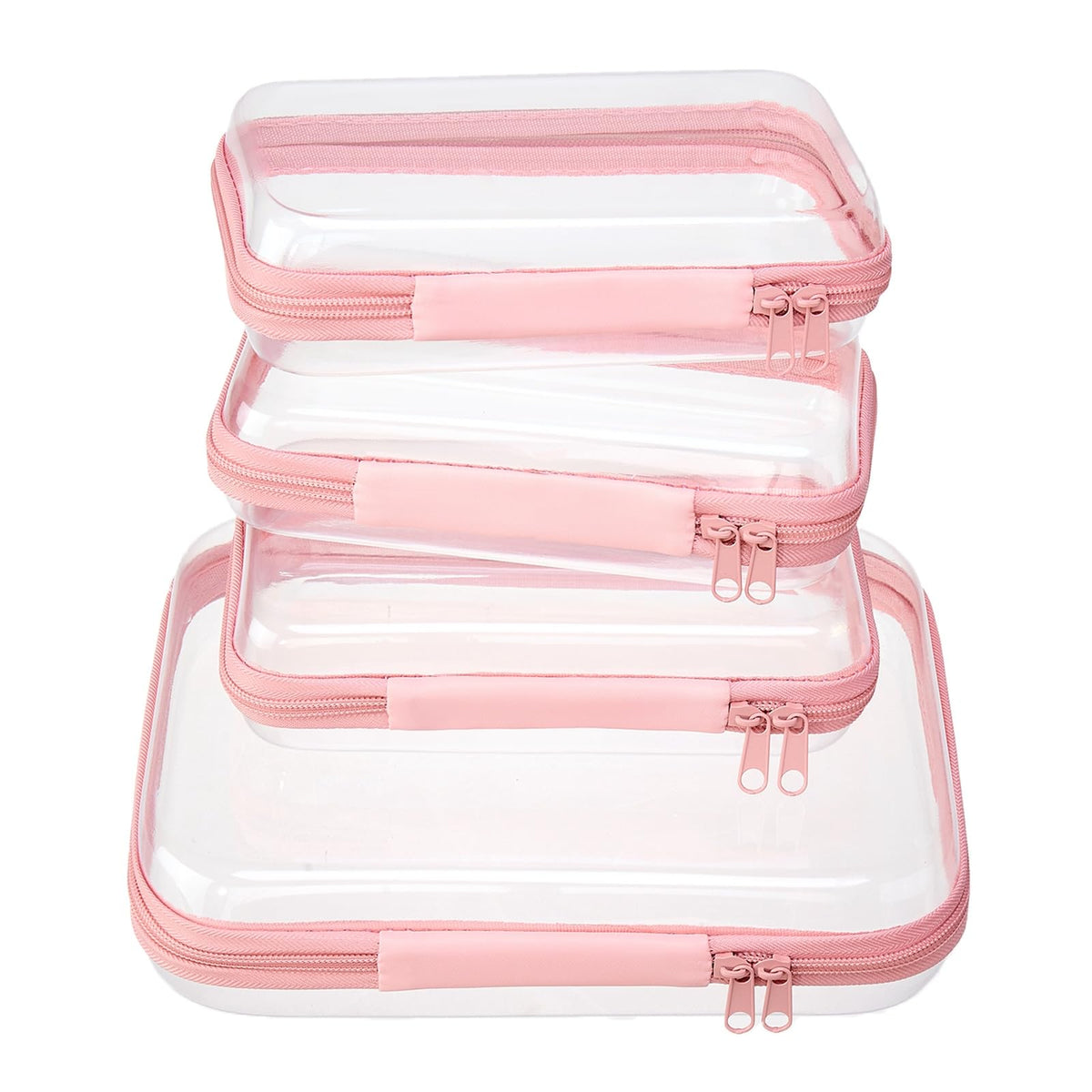 WELPIRT front view of light pink clear hard-shell pouch set showing stacked cases and zipper — organized packing made easy