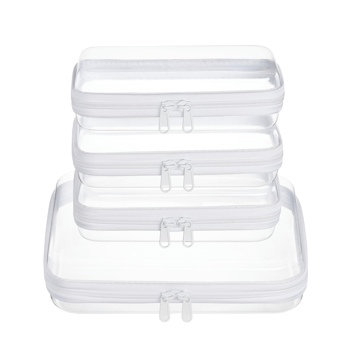 WELPIRT front view of clear zipper pouches showing stackable storage benefit