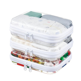 WELPIRT front view of clear hard shell pouch showing structure and easy visibility