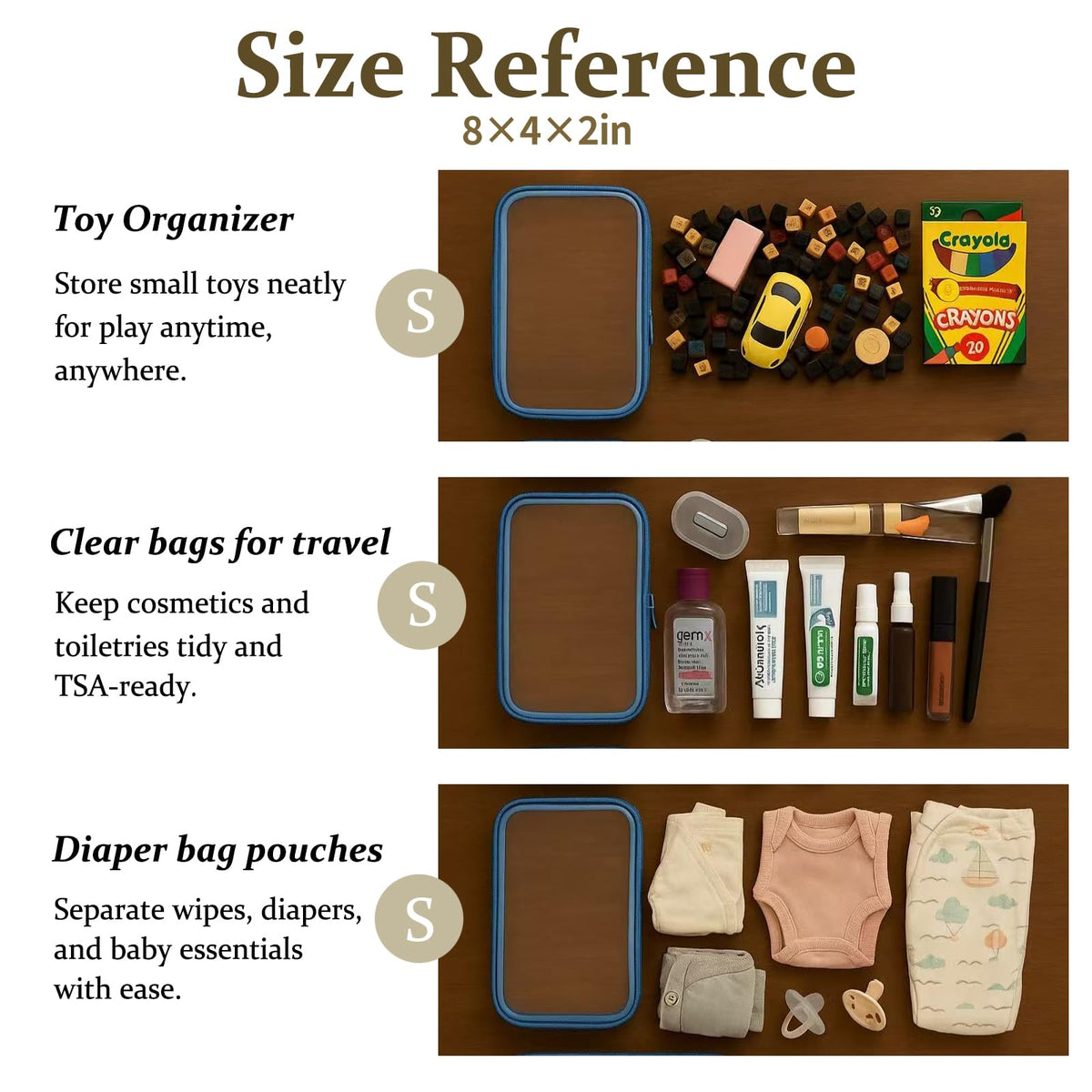 WELPIRT open pouch with toiletries organized to show easy access and visual sorting benefit