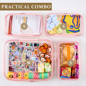 WELPIRT medium pouch open with travel-size shampoo and skincare — visible storage for toiletries