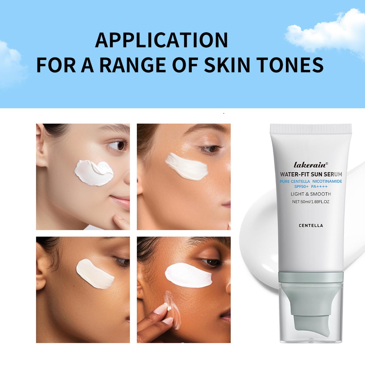 WenFeng sunscreen applied on model's cheek, natural dewy look for makeup base