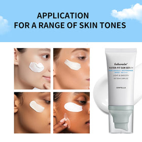 WenFeng sunscreen applied on model's cheek, natural dewy look for makeup base