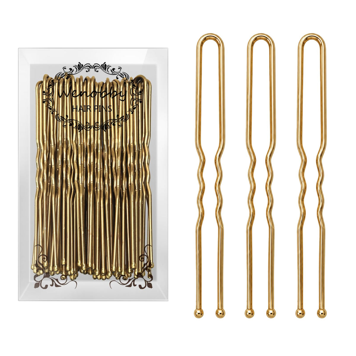 Wenobby gold U pins front packaging showing 100-piece set and convenience
