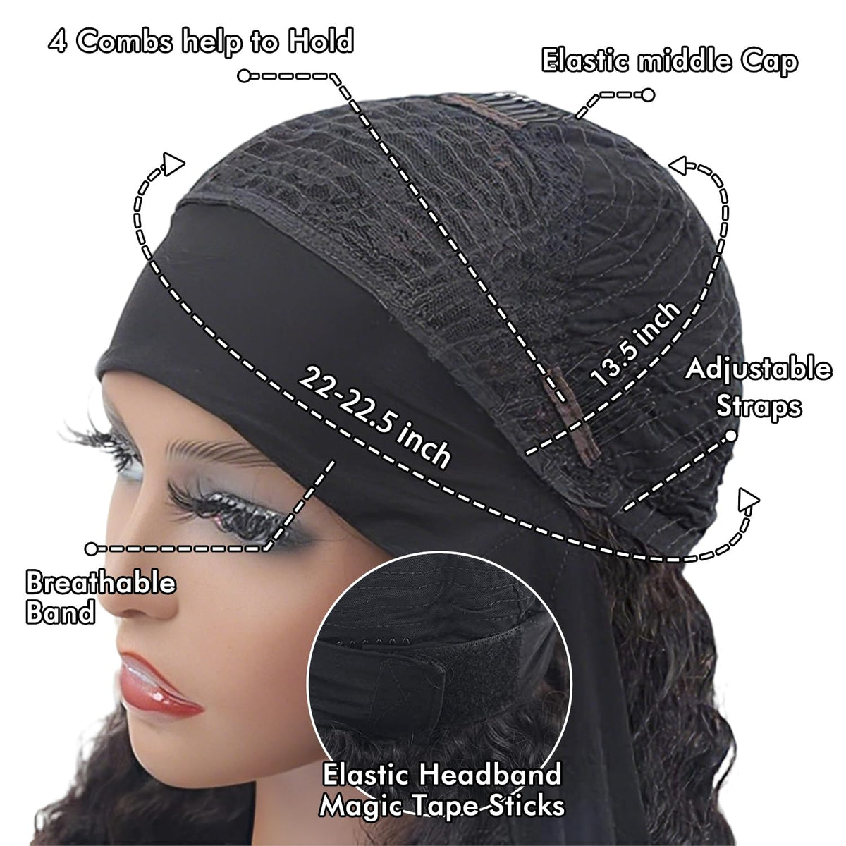 WENYAN back view showing interior combs and elastic headband for secure glueless fit benefit