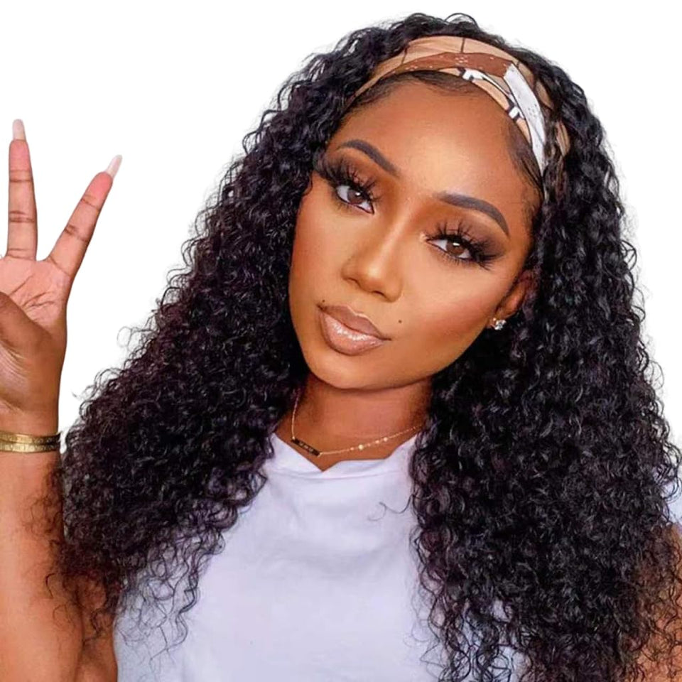 WENYAN front view of 16 inch deep wave headband wig showing natural color and full shape benefit