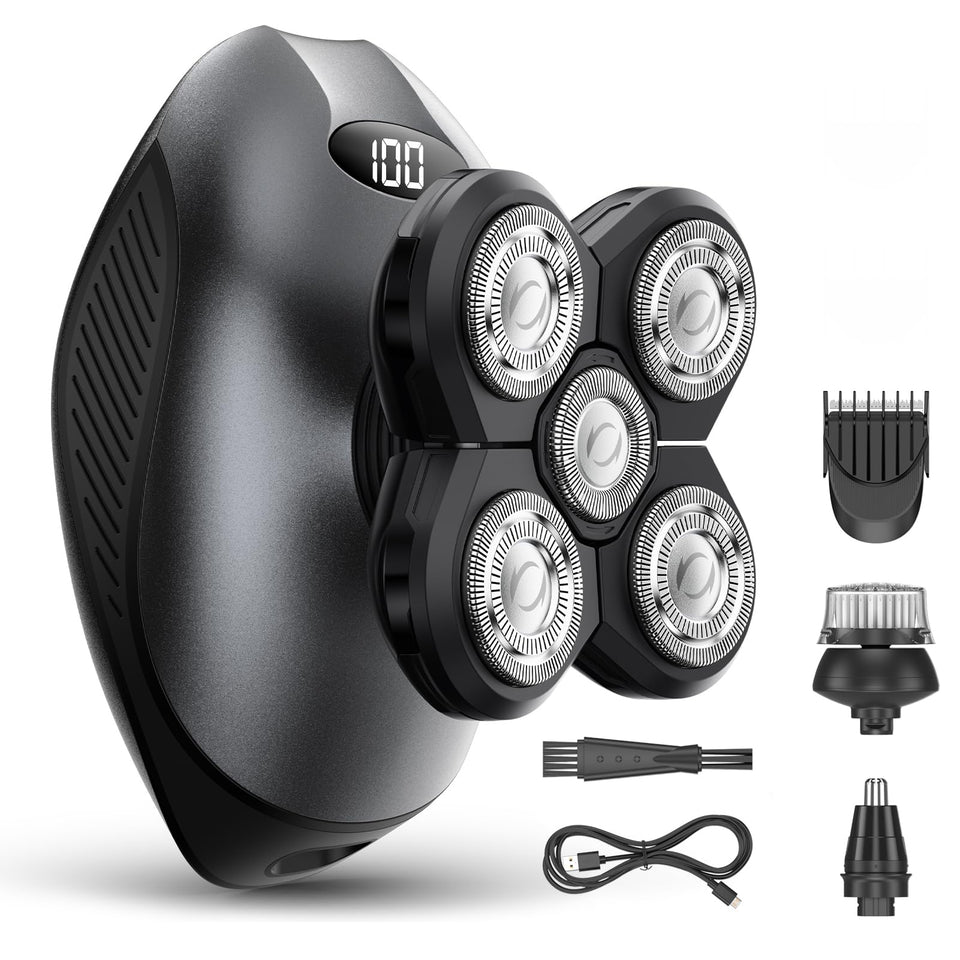 WEQOEE electric razor front view showing 5D head and ergonomic grip for comfortable control