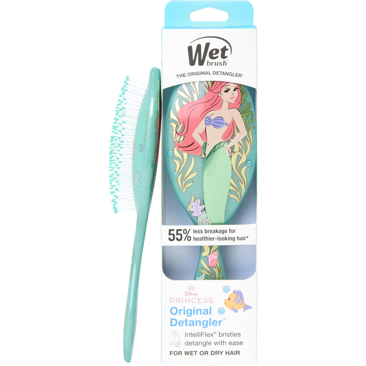 Wet Brush Ariel front view showing playful princess design and easy-grip handle benefit