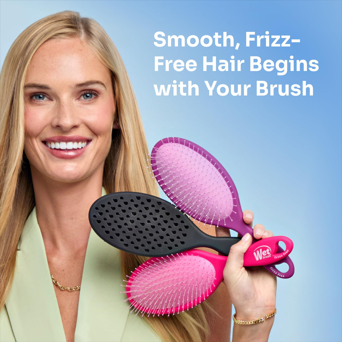 Wet Brush before and after hair showing reduced frizz and added shine