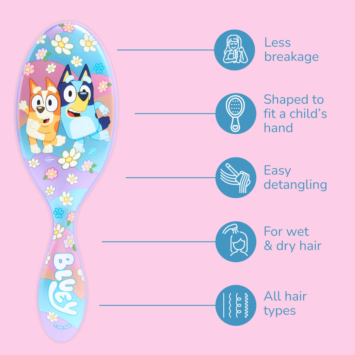 Wet Brush Bluey & Bingo ergonomic handle demonstrating comfortable secure grip for caregivers