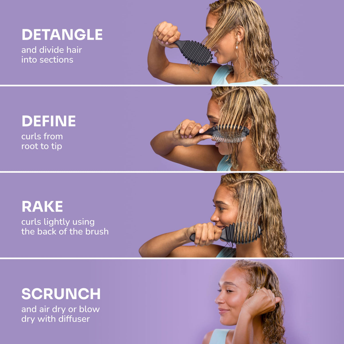 Wet Brush back grooves visible to guide uniform curl formation and reduce frizz