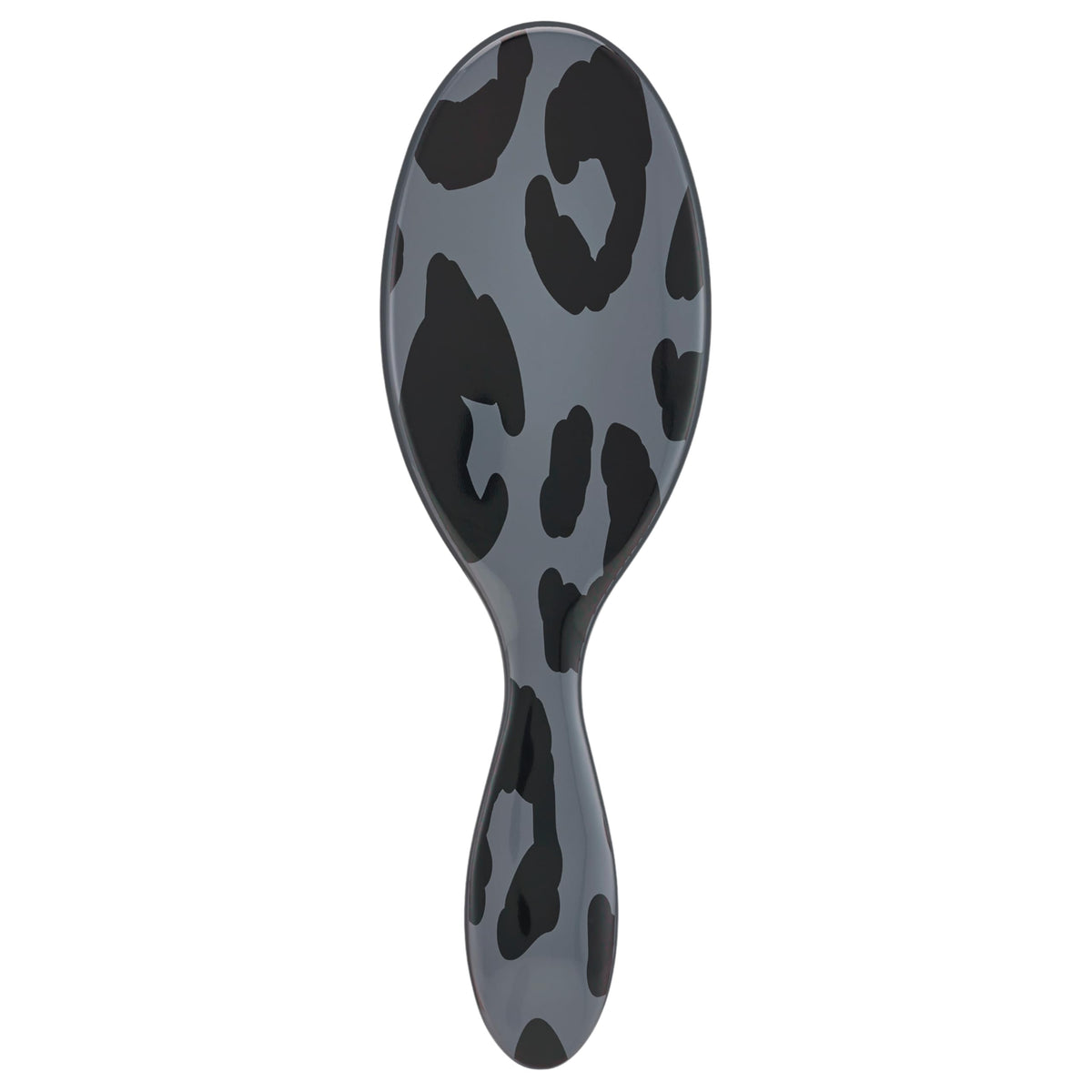 Wet Brush front view showing dark gray leopard design and comfortable shape, brand detangles gently