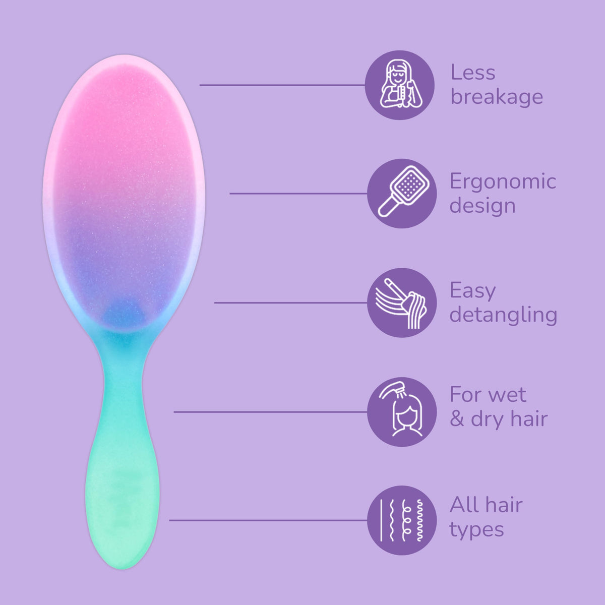 Wet Brush ergonomic handle highlighted for comfortable grip and controlled detangling