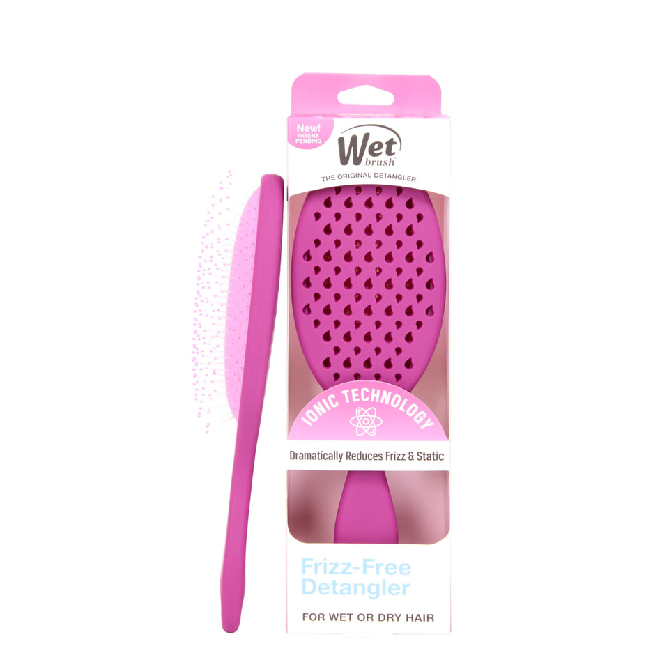 Wet Brush purple front view showing compact frizz-control brush and handle benefit