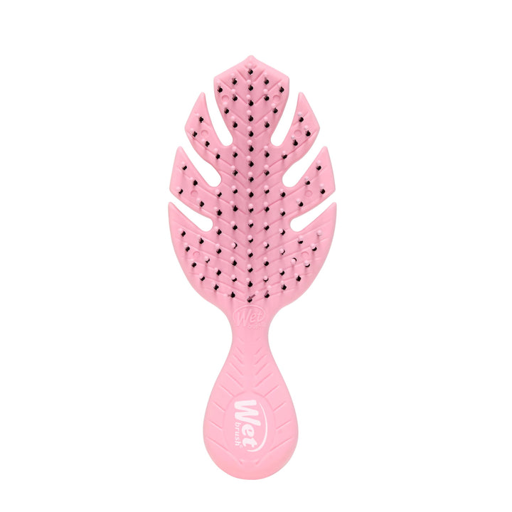 Wet Brush Go Green front view showing compact pink detangler, easy travel benefit