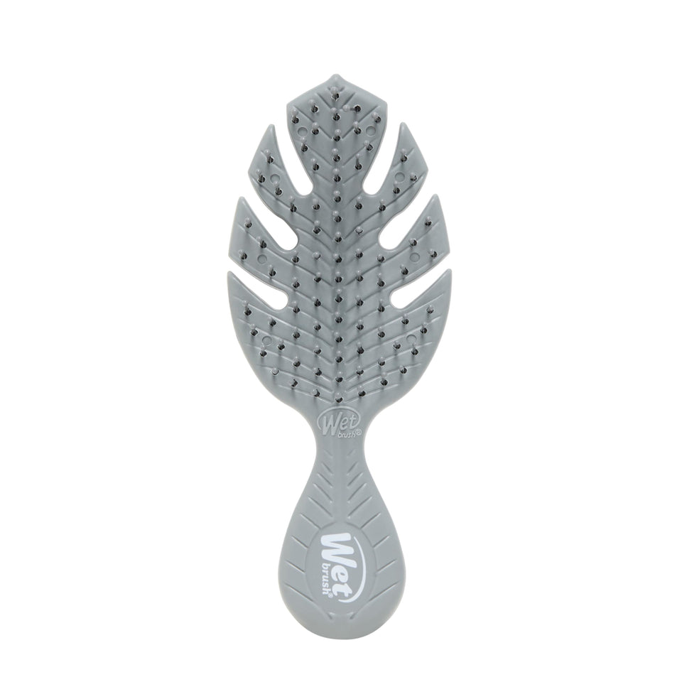 Wet Brush Go Green mini front view showing compact grey brush and quick detangling