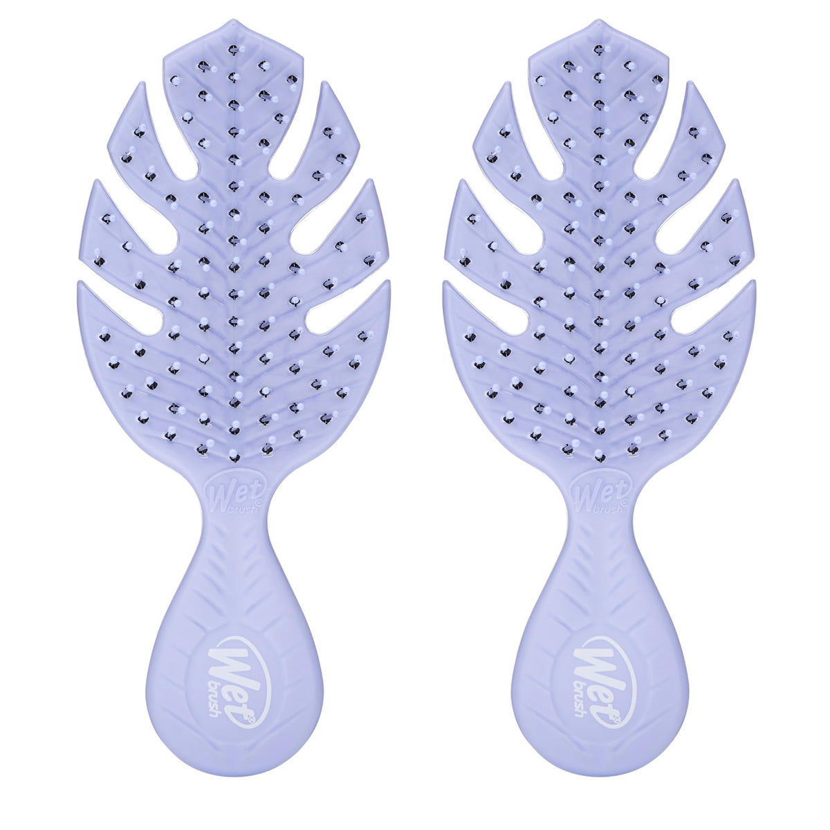 Wet Brush mini detangler front view shows compact purple design and portability benefit