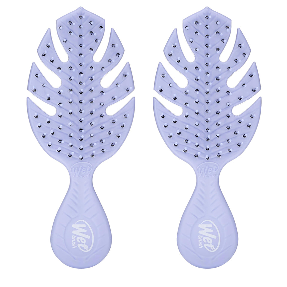 Wet Brush mini detangler front view shows compact purple design and portability benefit