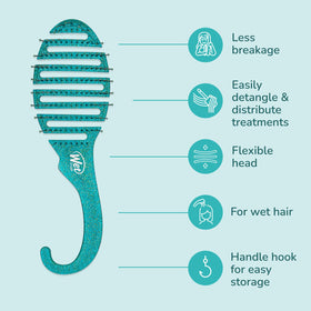 Wet Brush hanging in shower by hook demonstrating easy rinse and storage