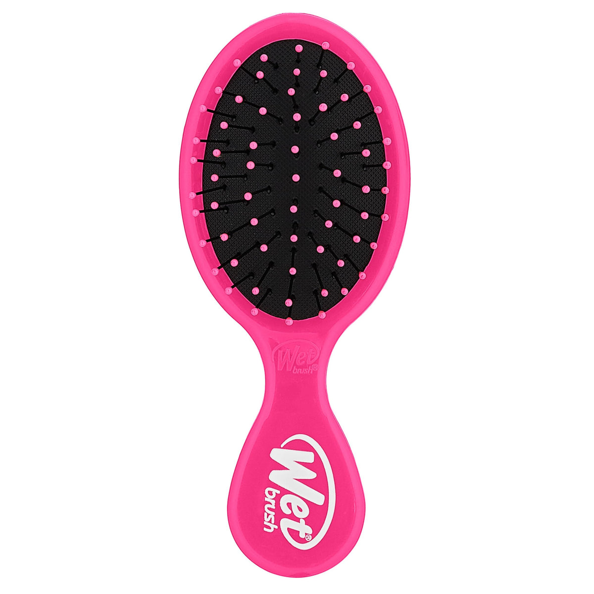 Wet Brush mini detangler front view showing compact pink design and portability