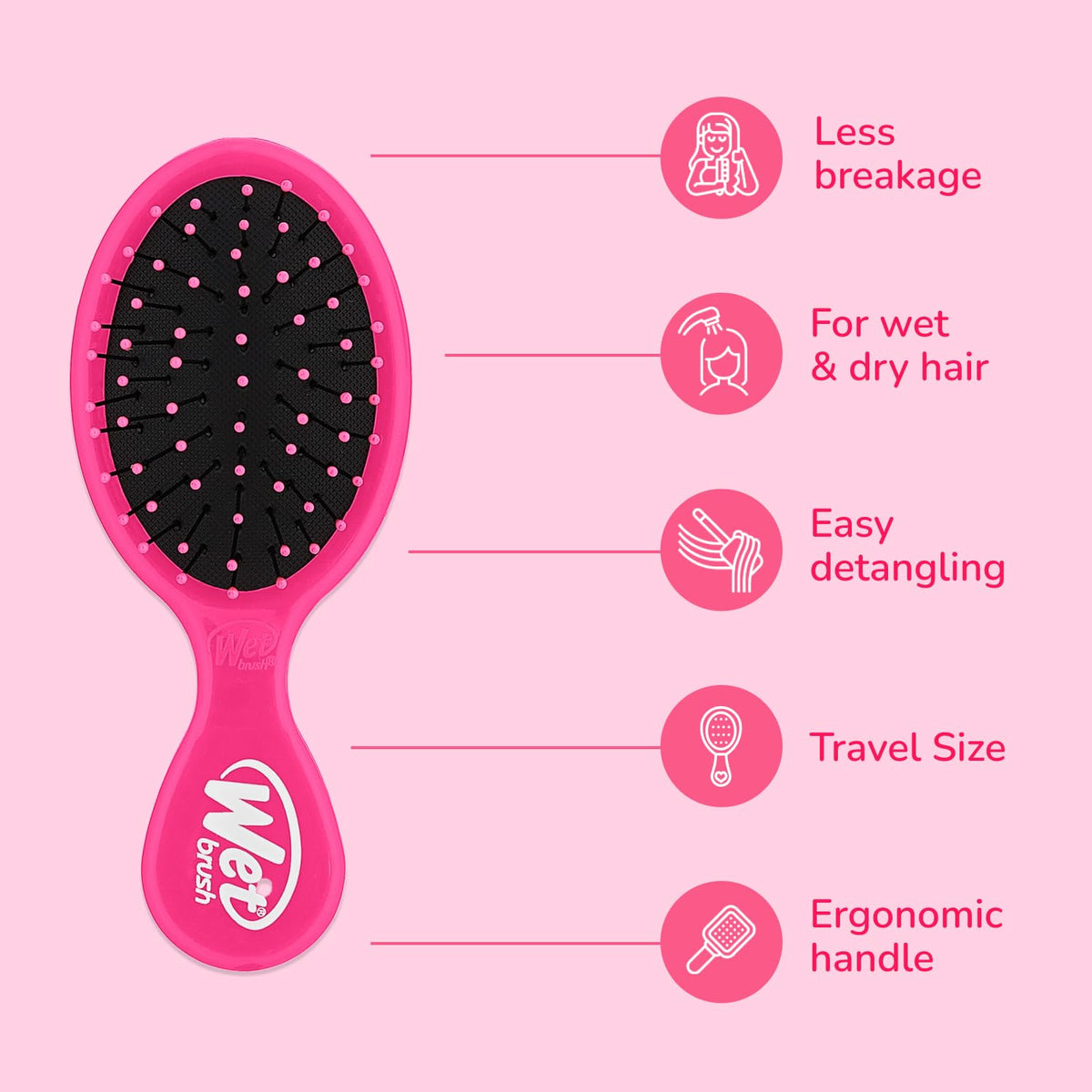 Wet Brush mini detangler held in hand to show scale and easy grip on the go